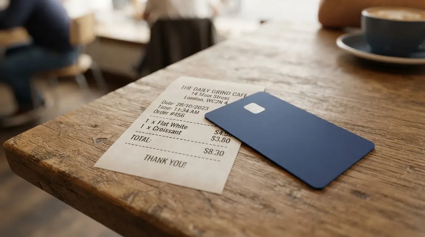 A receipt and a card on a café table