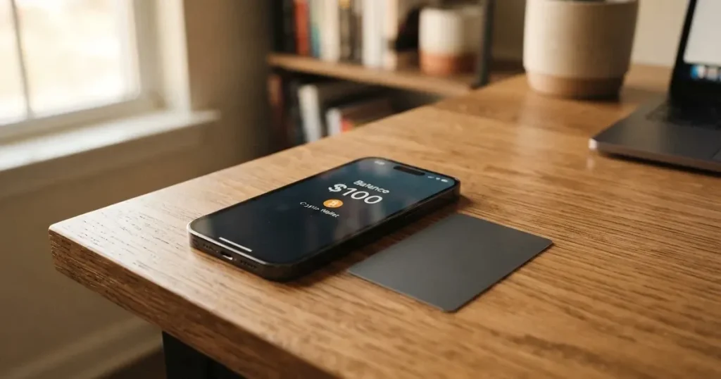 A payment card next to a phone with a crypto wallet app open