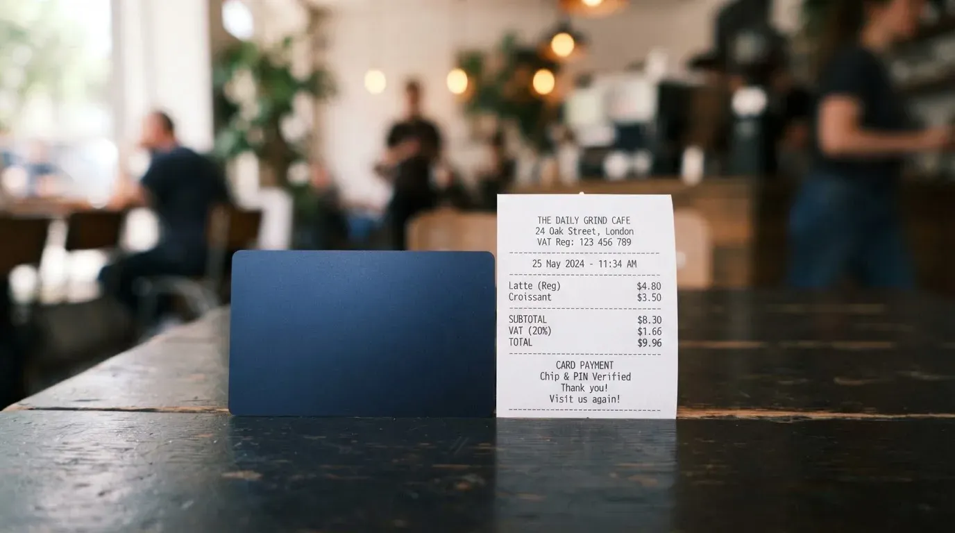 A receipt and a card on a café table