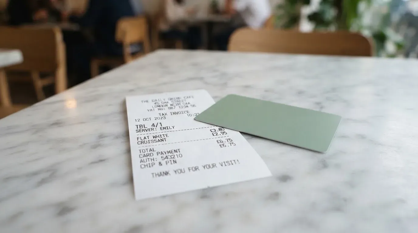 A receipt and a card on a café table