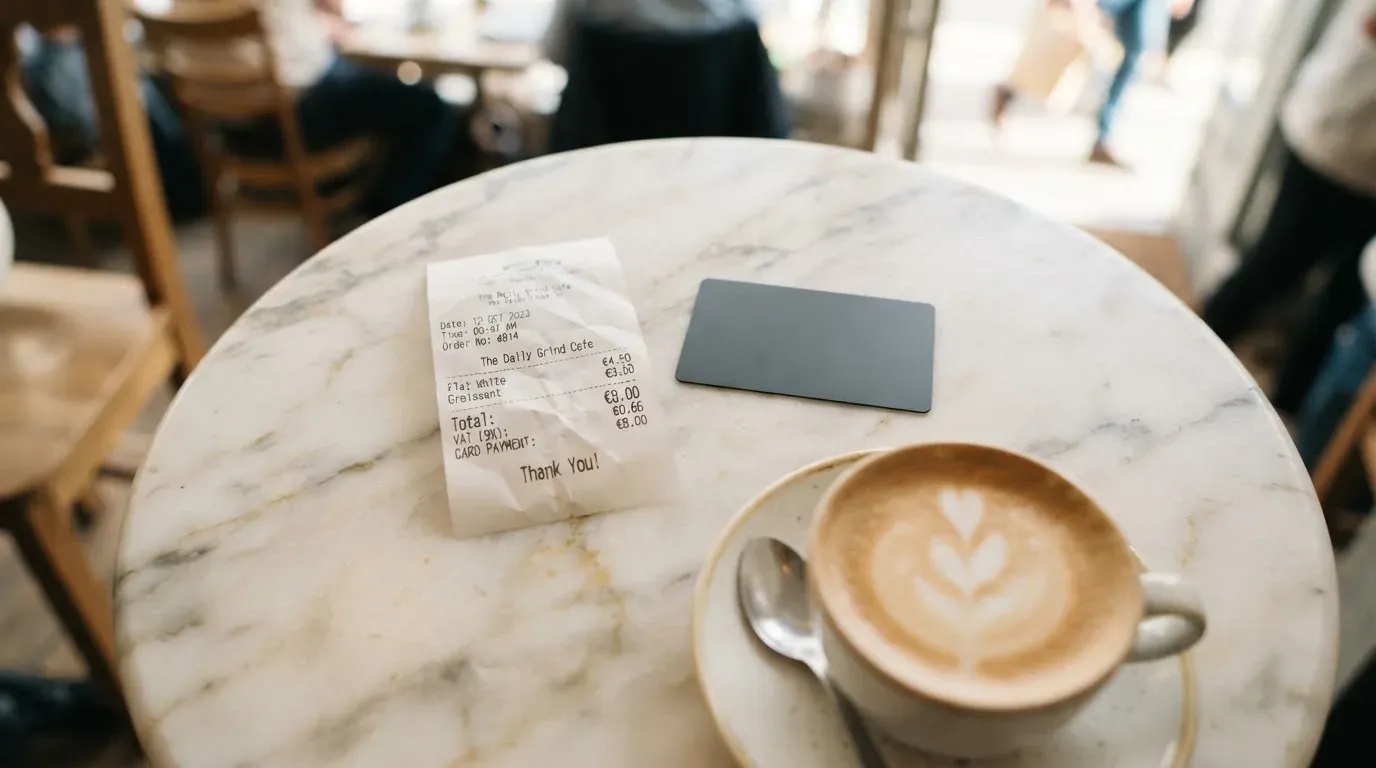 A receipt and a card on a café table