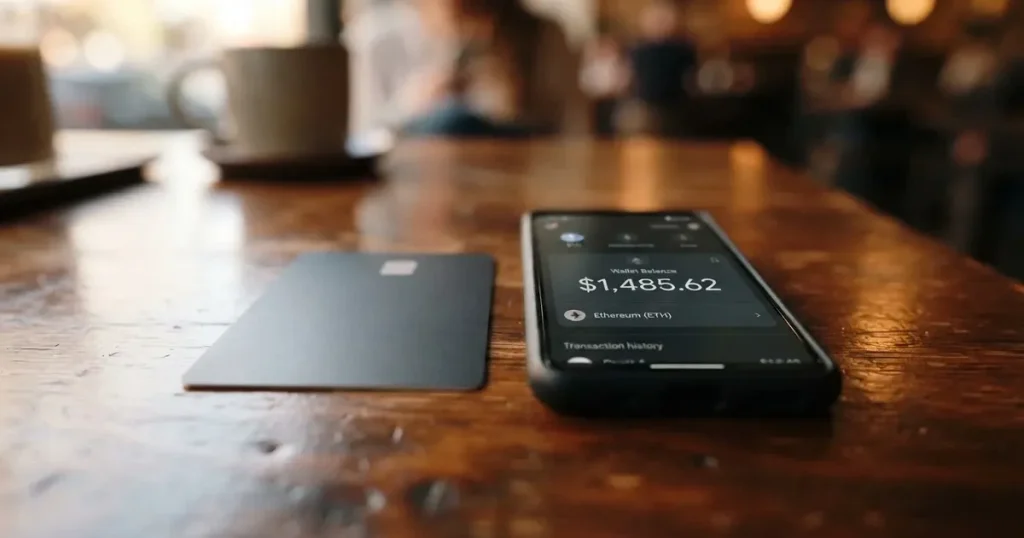 A payment card next to a phone with a crypto wallet app open