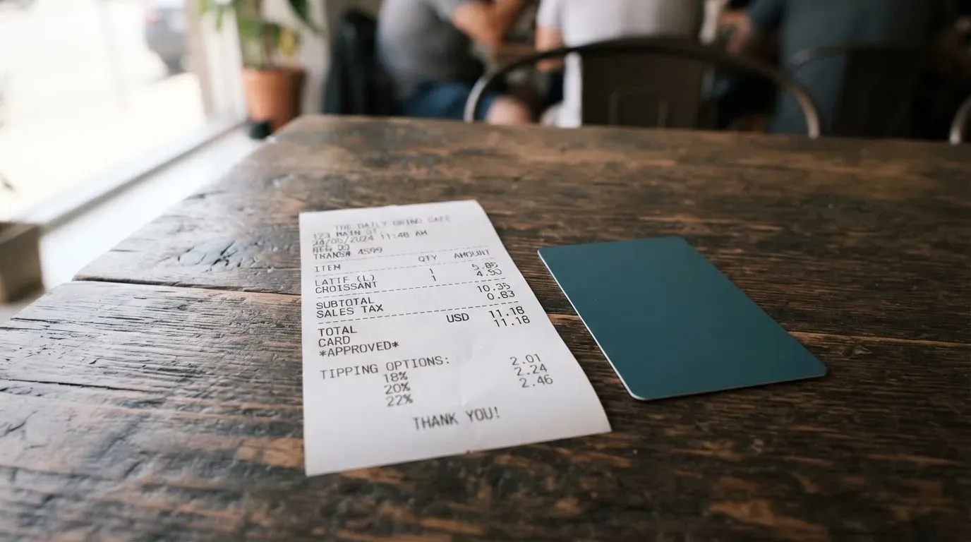 A receipt and a card on a café table