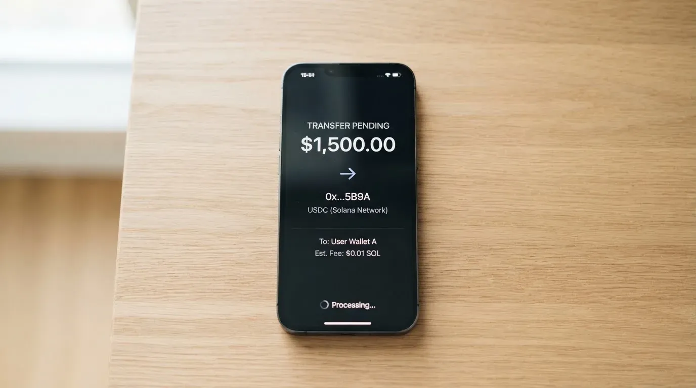 A phone showing a stablecoin transfer screen
