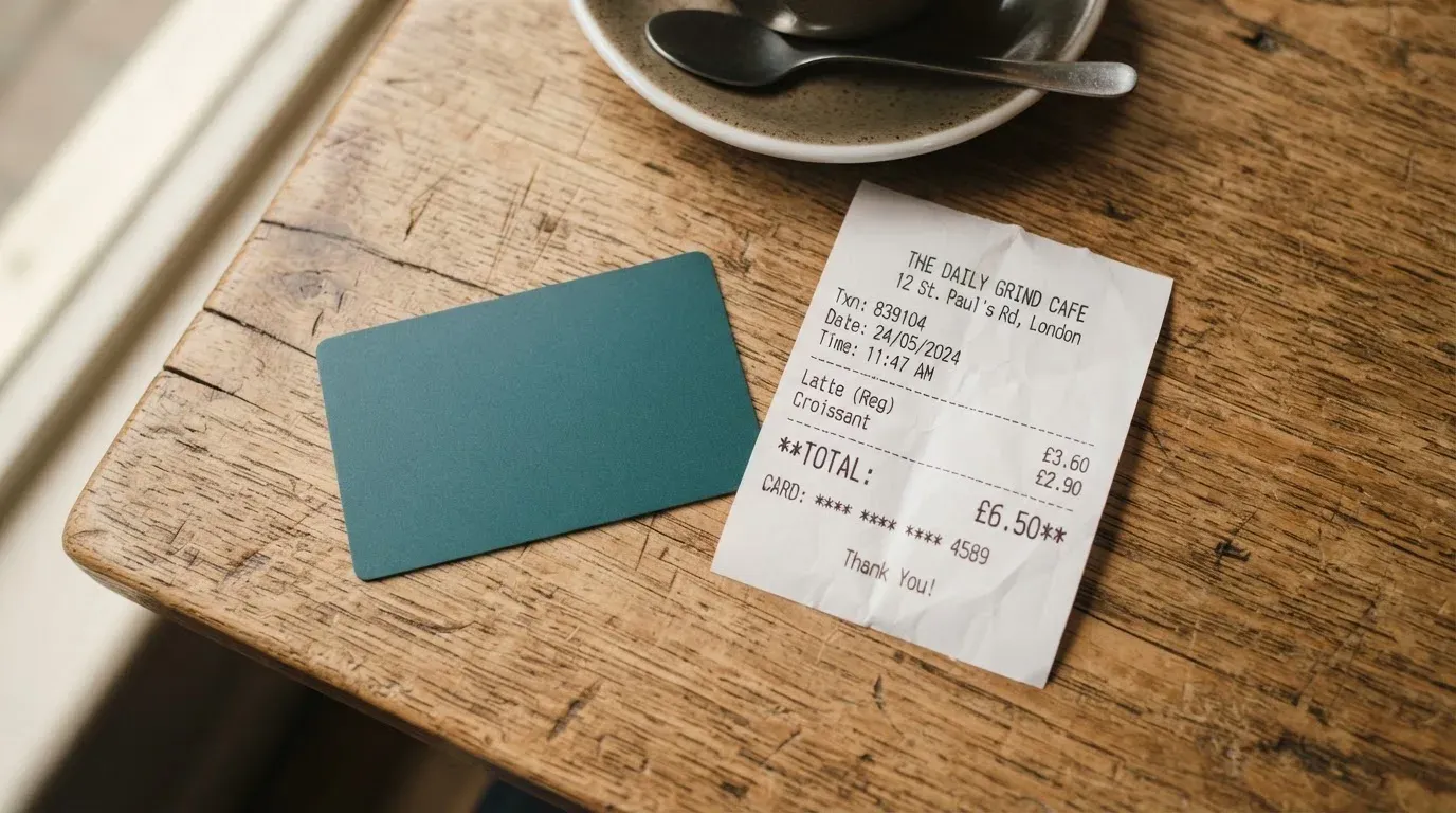 A receipt and a card on a café table