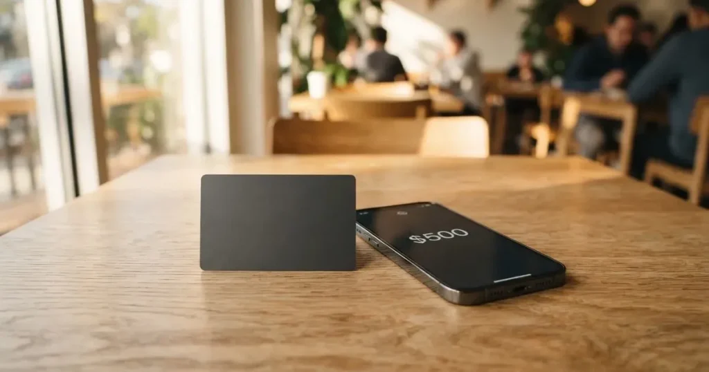A payment card next to a phone with a crypto wallet app open