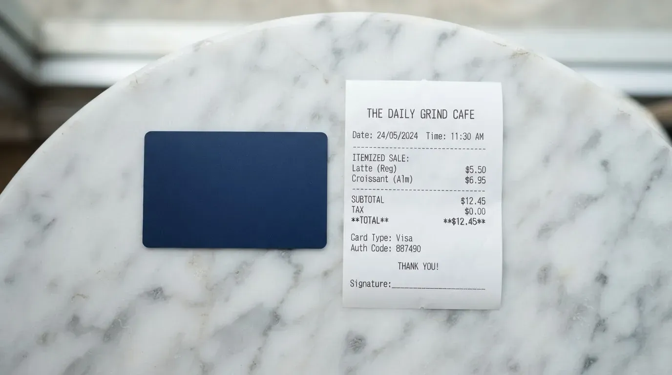 A receipt and a card on a café table