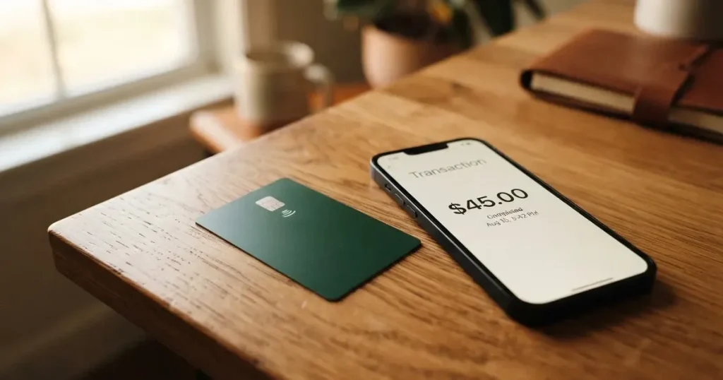 A payment card next to a phone with a crypto wallet app open