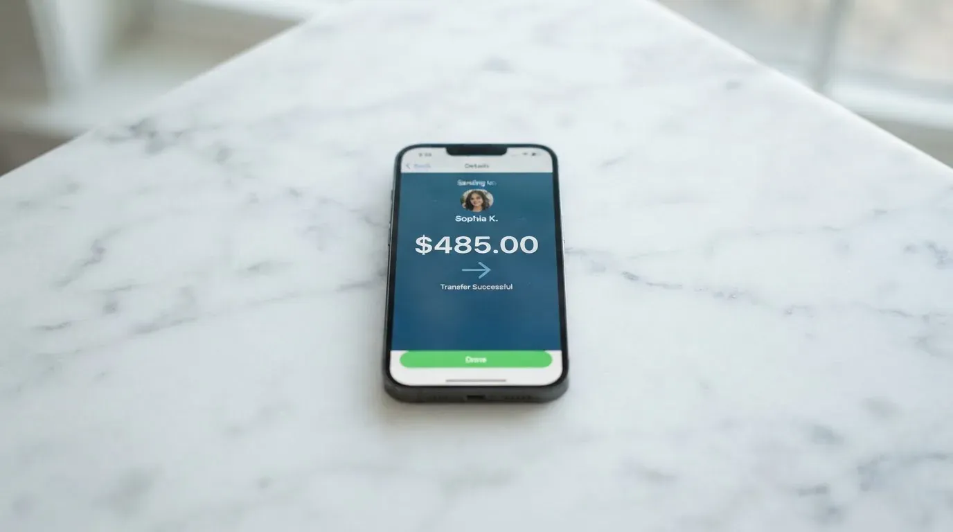 A phone showing a stablecoin transfer screen