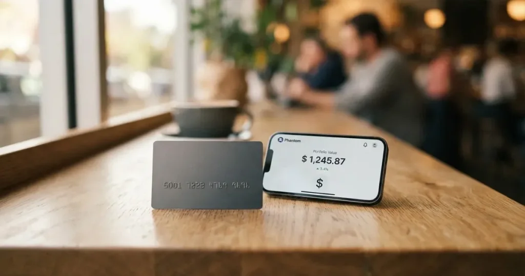 A payment card next to a phone with a crypto wallet app open