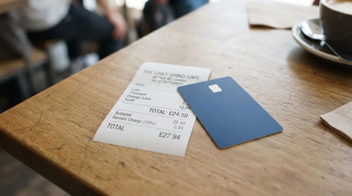 A receipt and a card on a café table
