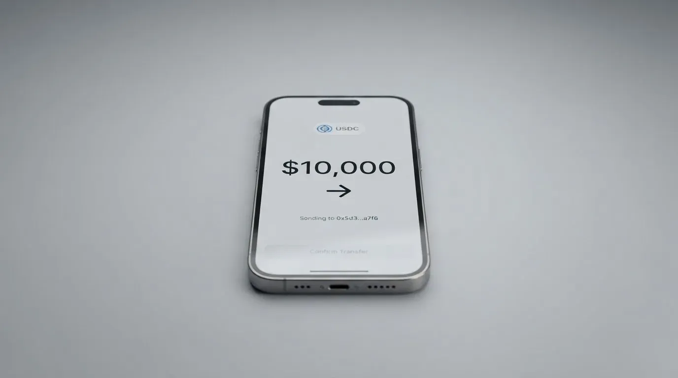A phone showing a stablecoin transfer screen