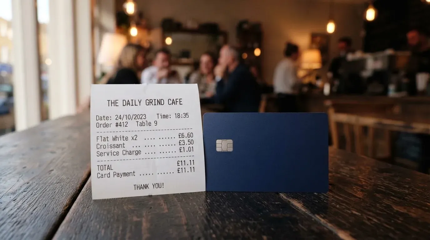 A receipt and a card on a café table