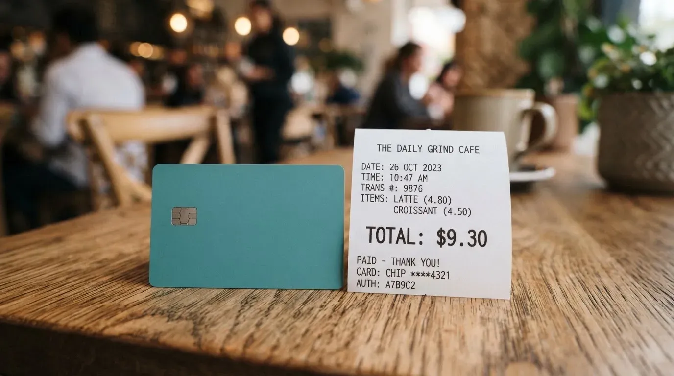 A receipt and a card on a café table