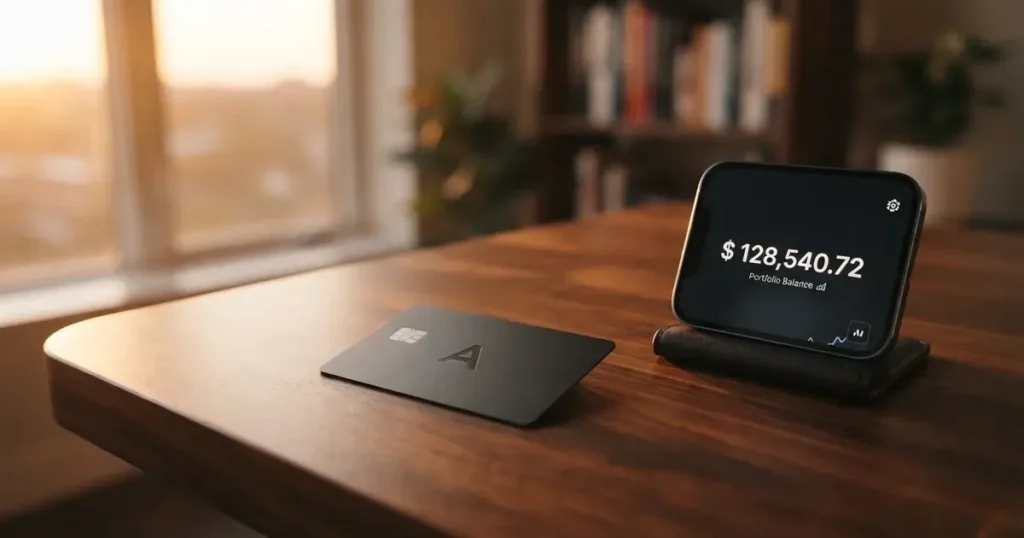 A payment card next to a phone with a crypto wallet app open