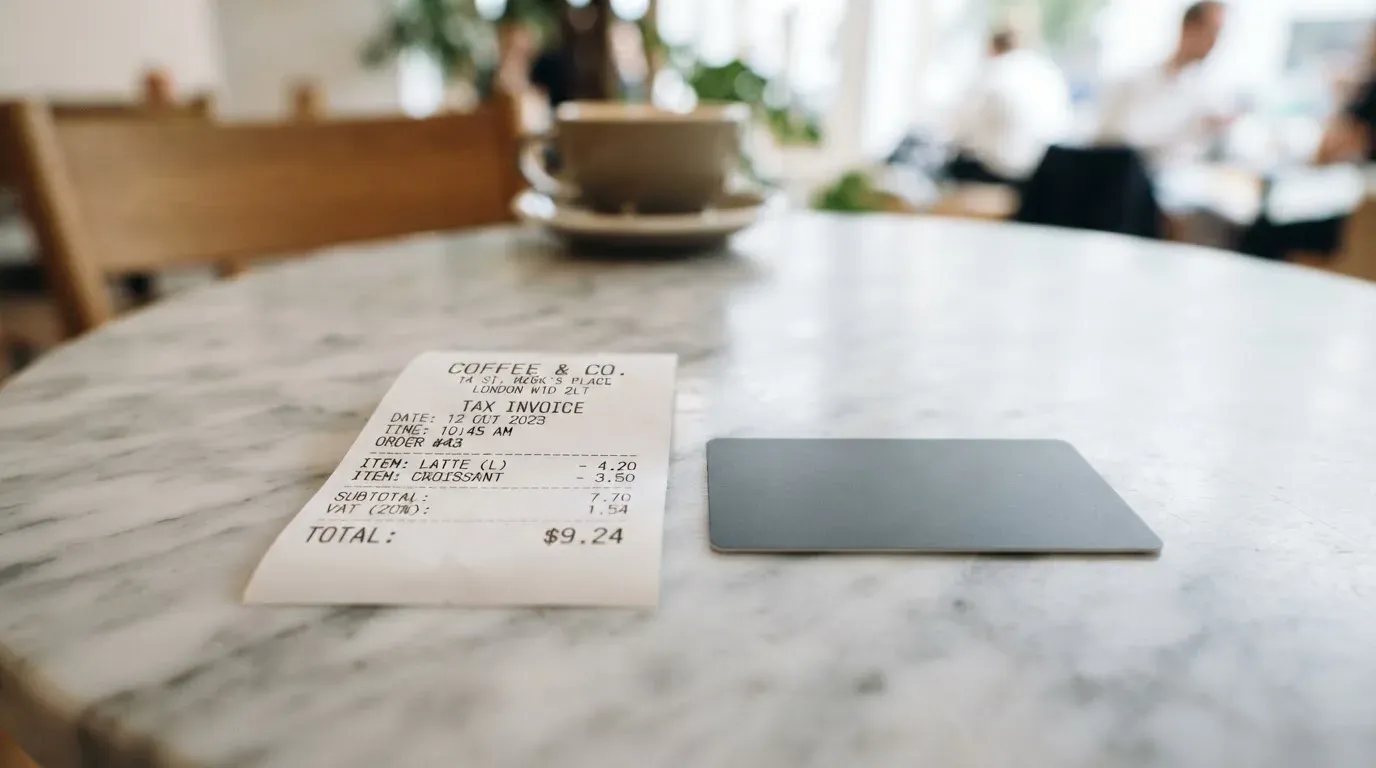 A receipt and a card on a café table