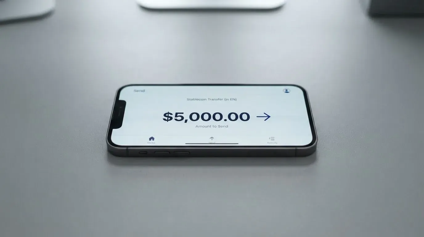 A phone showing a stablecoin transfer screen