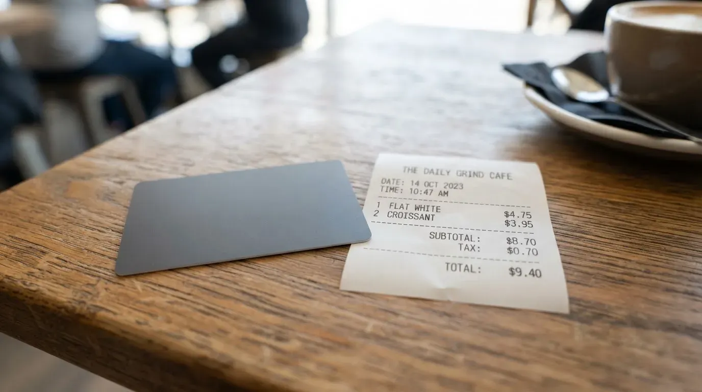 A receipt and a card on a café table