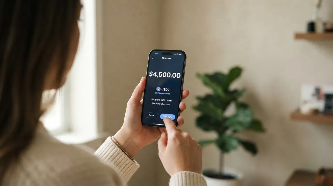 A phone showing a stablecoin transfer screen