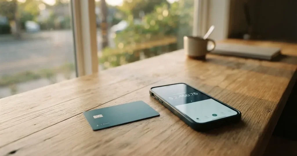 A payment card next to a phone with a crypto wallet app open