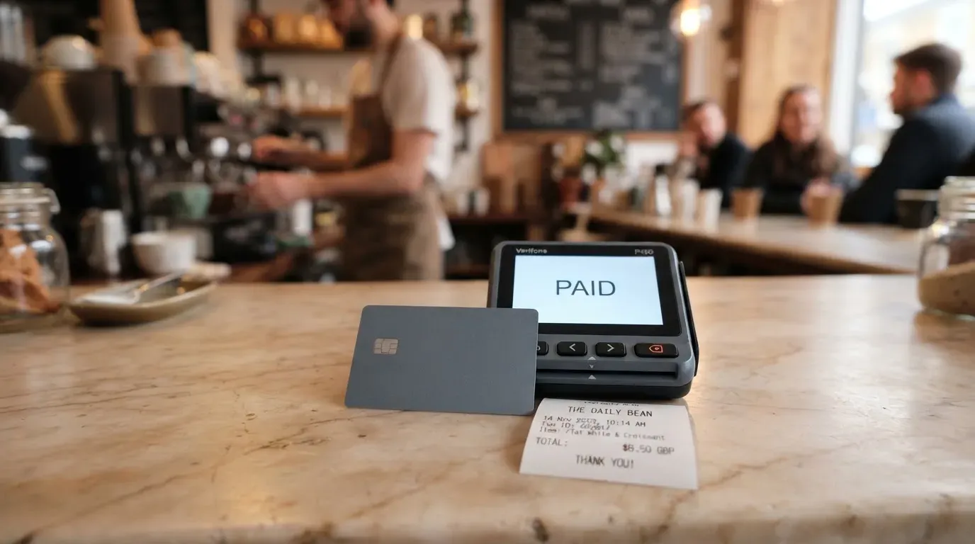 A receipt and a card on a café table