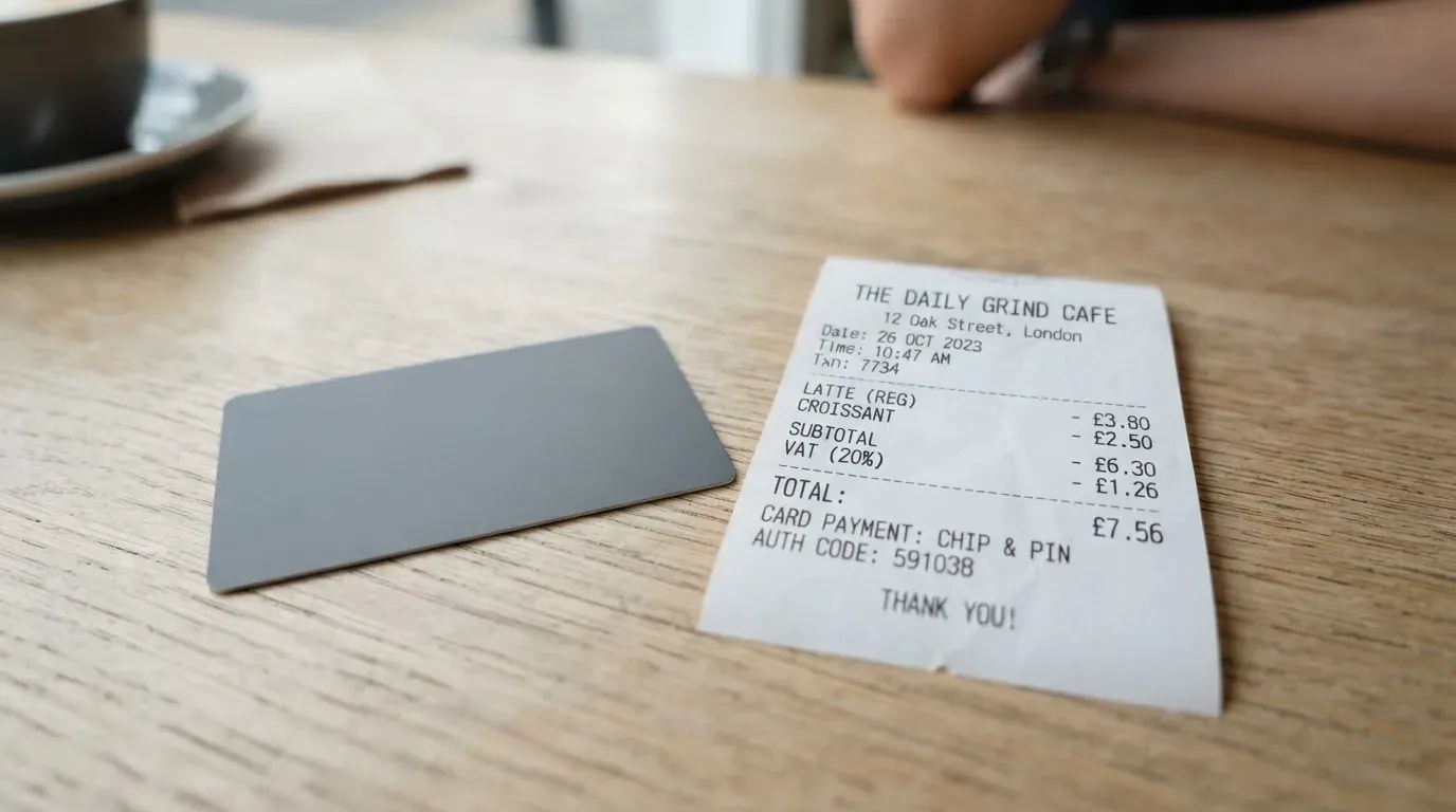 A receipt and a card on a café table