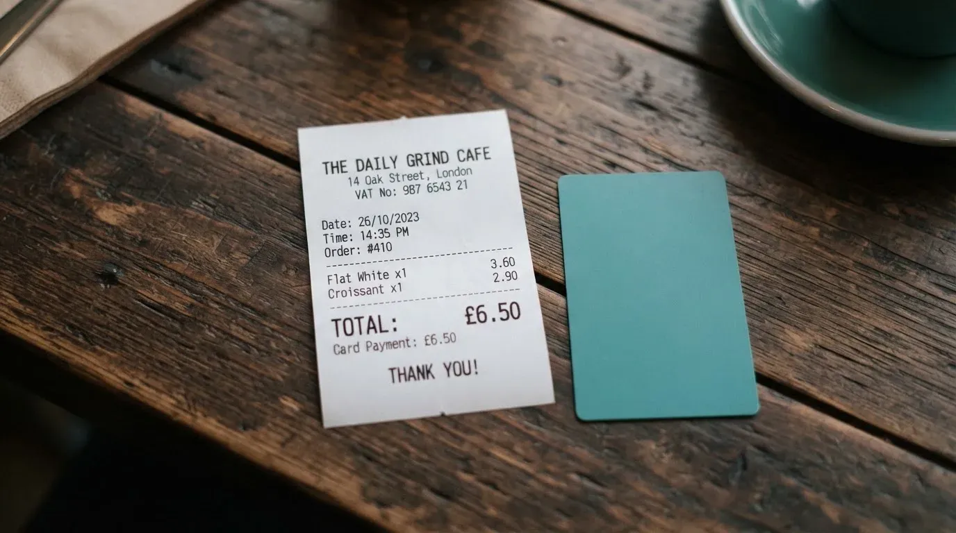 A receipt and a card on a café table