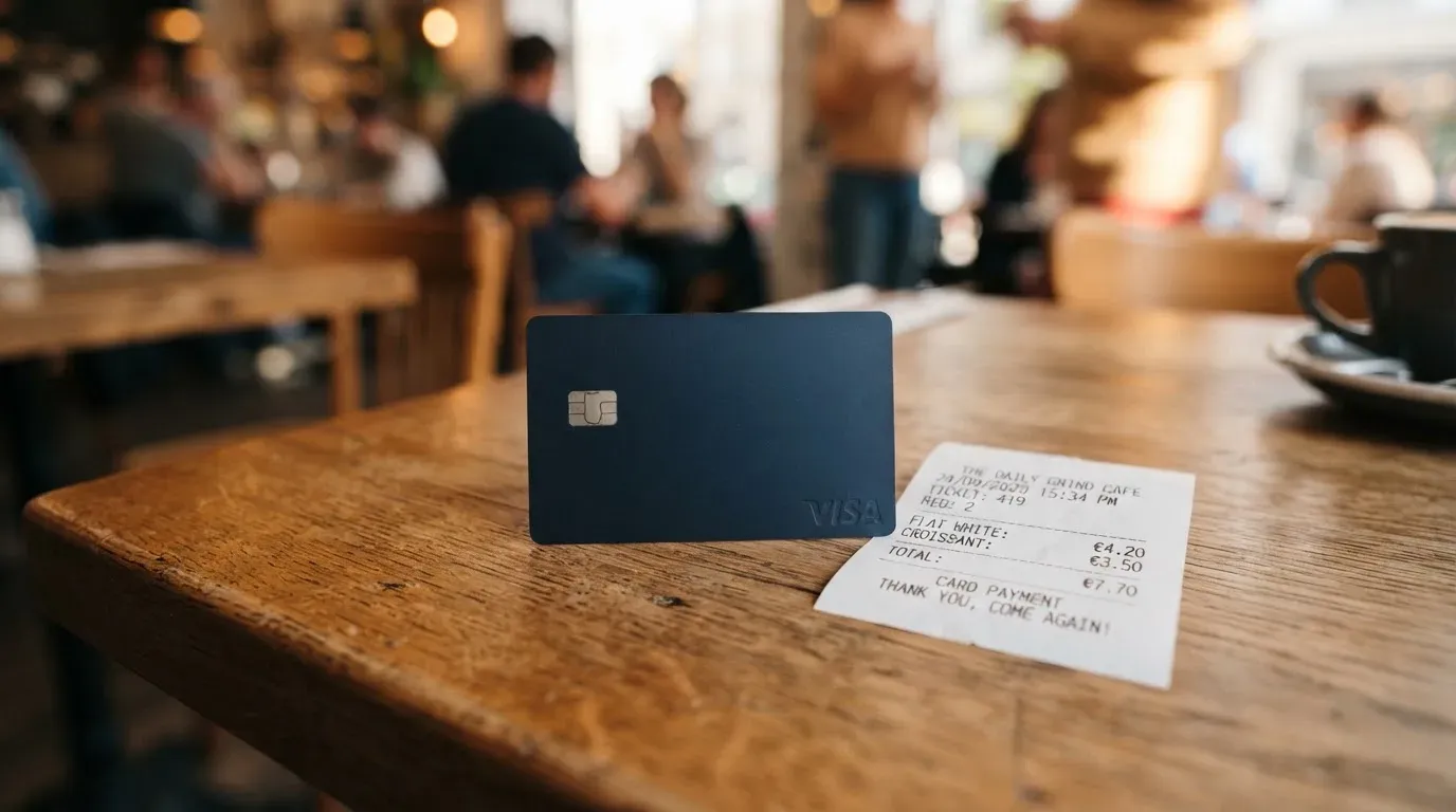 A receipt and a card on a café table
