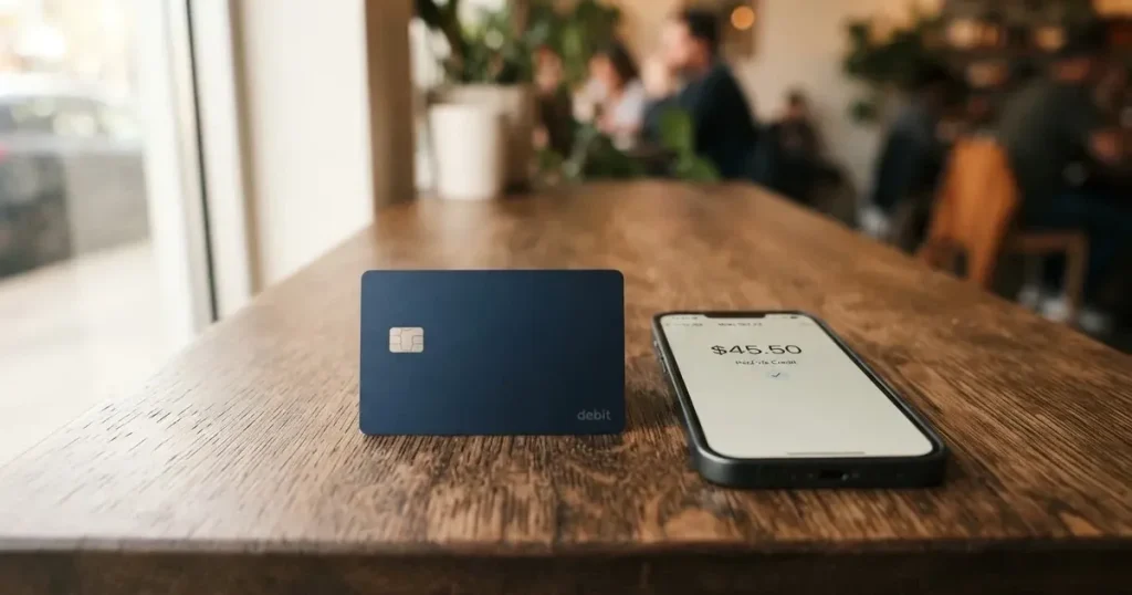 A payment card next to a phone with a crypto wallet app open
