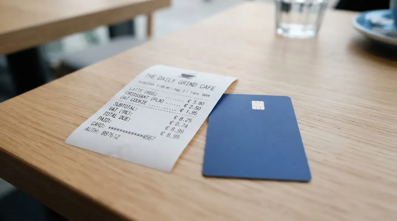 A receipt and a card on a café table