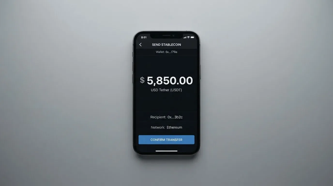 A phone showing a stablecoin transfer screen