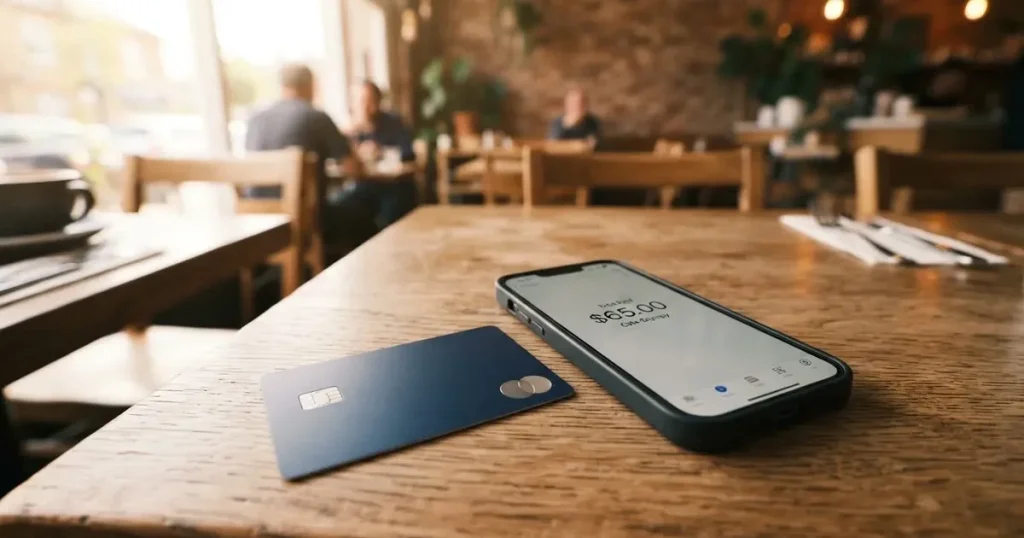 A payment card next to a phone with a crypto wallet app open