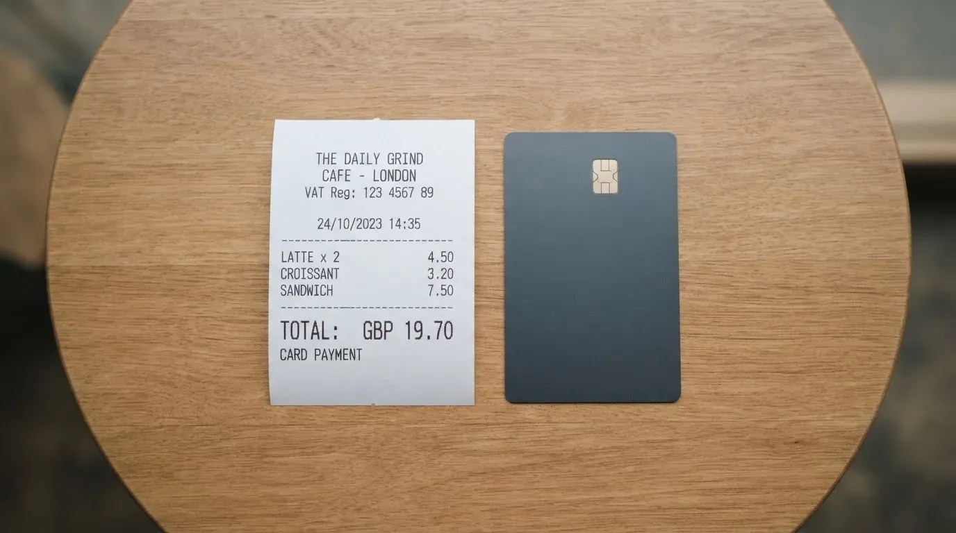 A receipt and a card on a café table