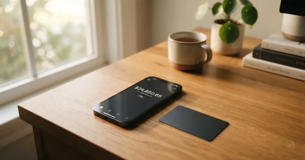 A payment card next to a phone with a crypto wallet app open