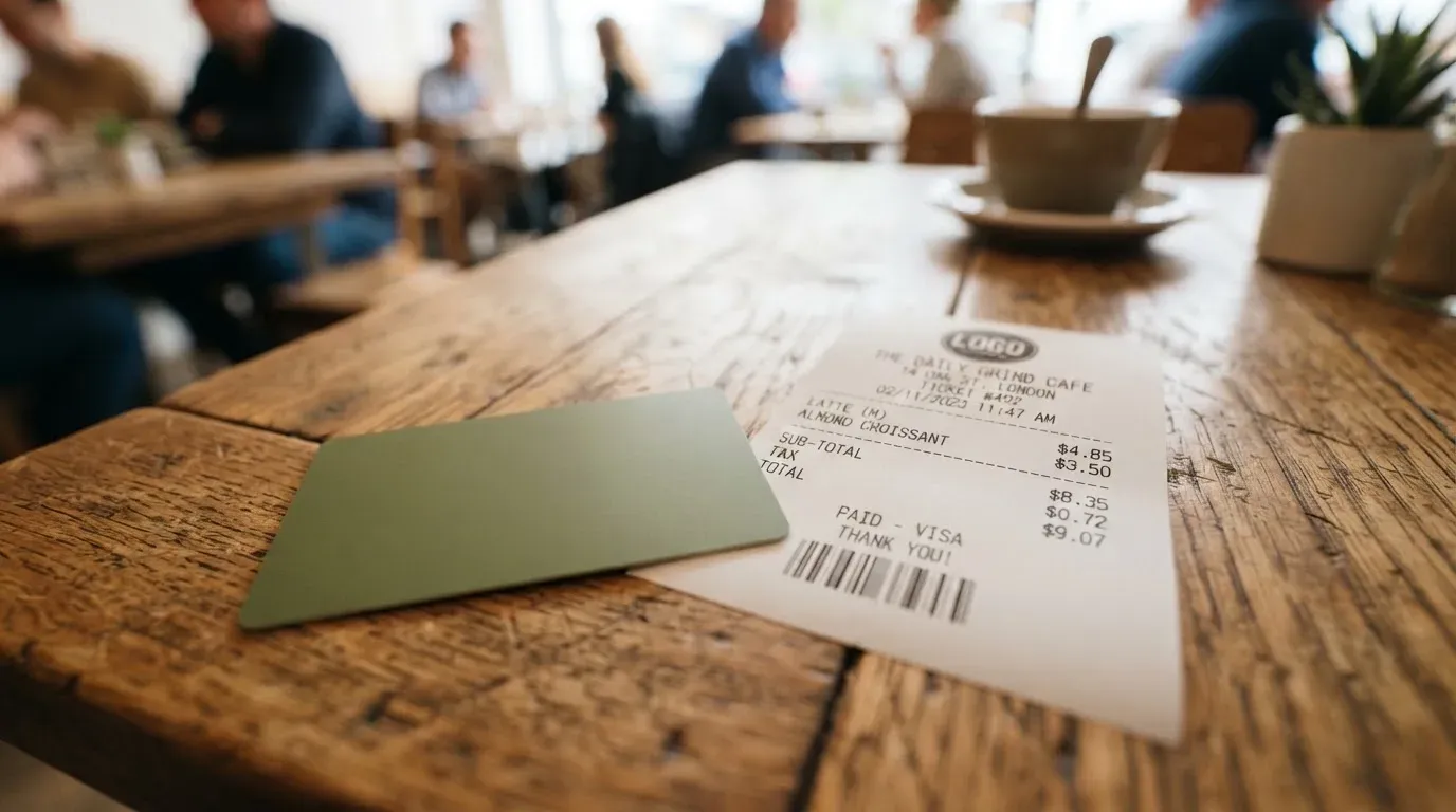 A receipt and a card on a café table