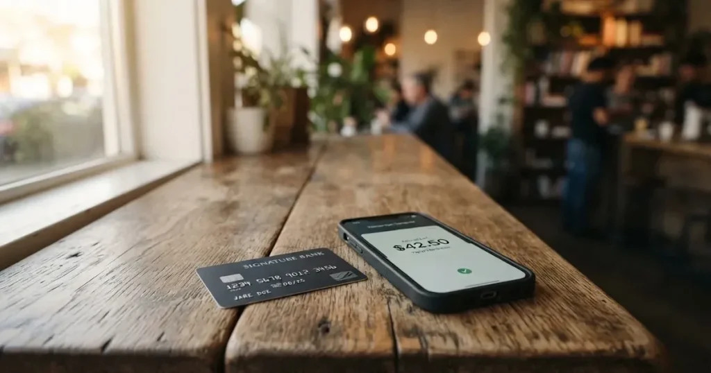 A payment card next to a phone with a crypto wallet app open