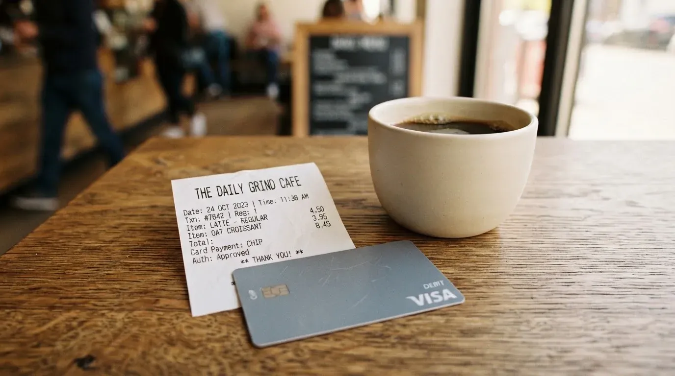 A receipt and a card on a café table