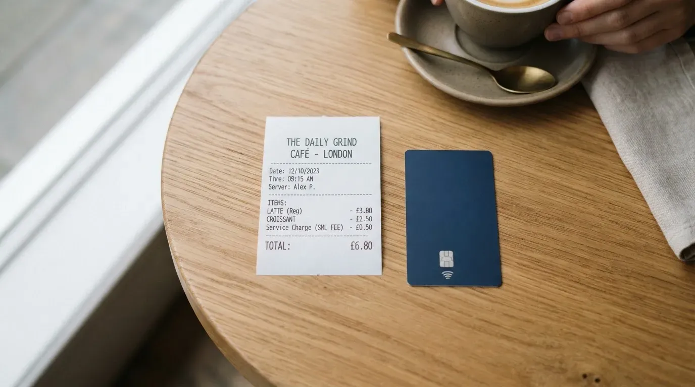 A receipt and a card on a café table