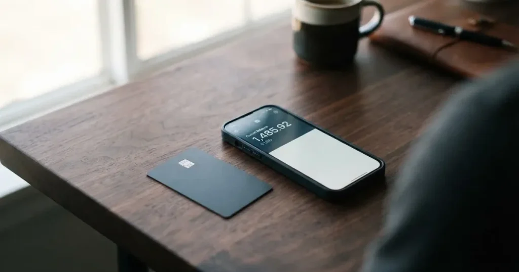 A payment card next to a phone with a crypto wallet app open