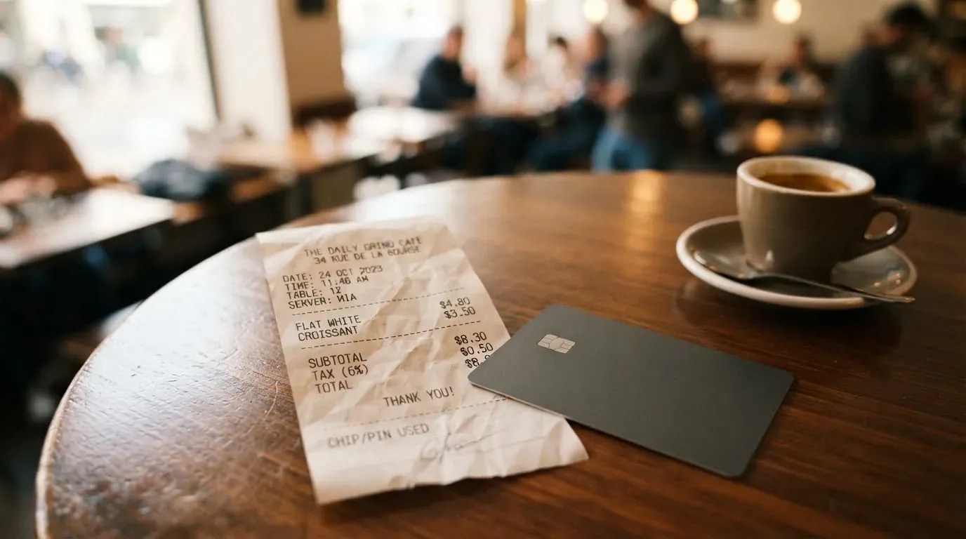 A receipt and a card on a café table