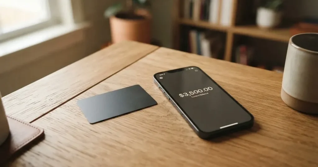 A payment card next to a phone with a crypto wallet app open