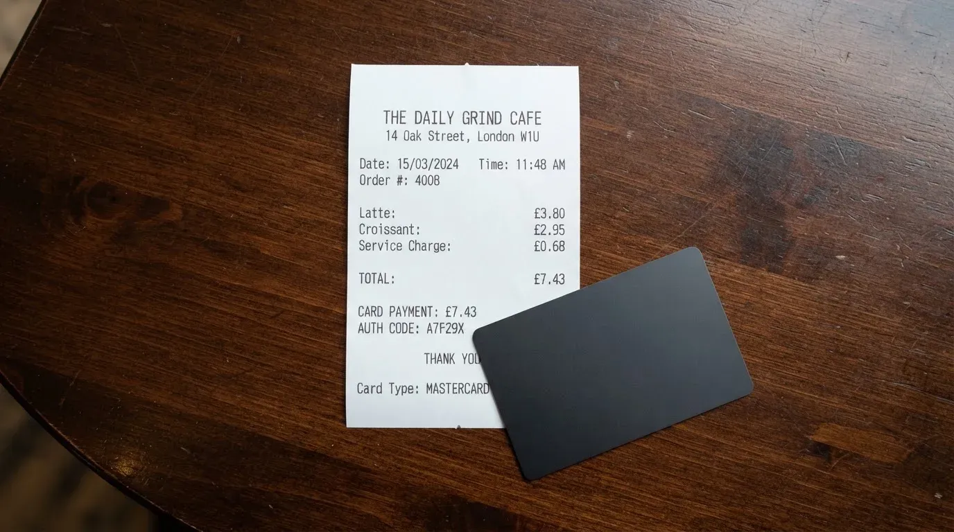 A receipt and a card on a café table