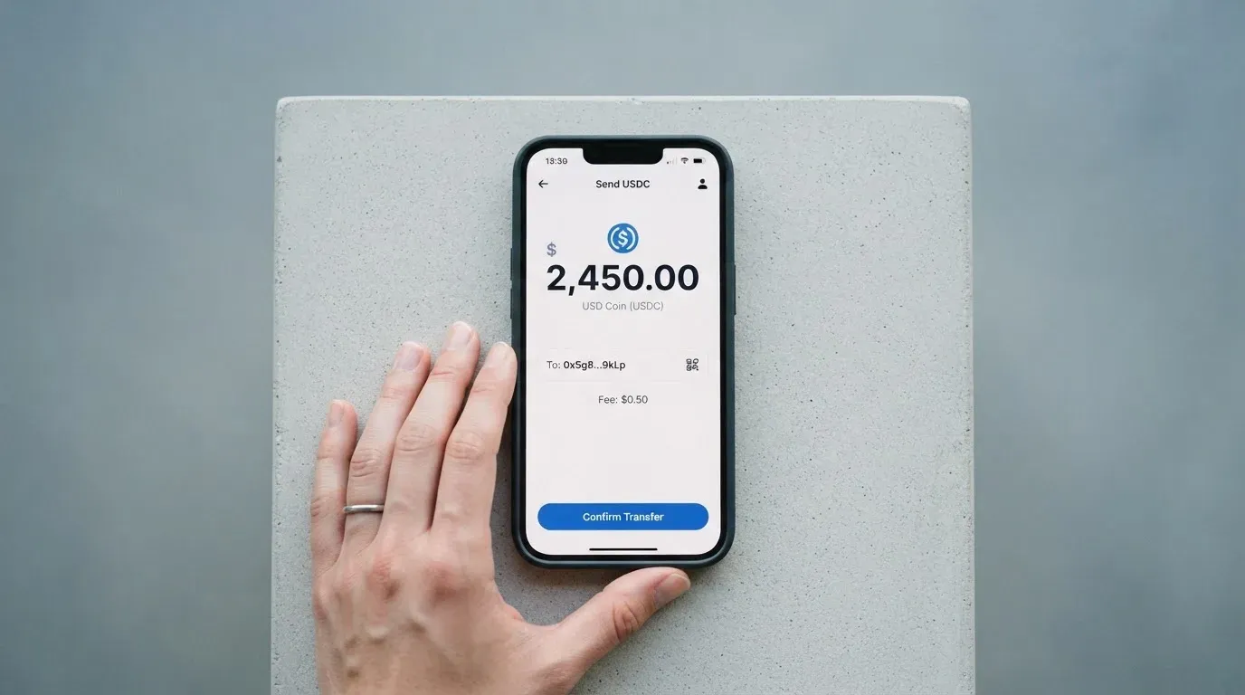 A phone showing a stablecoin transfer screen