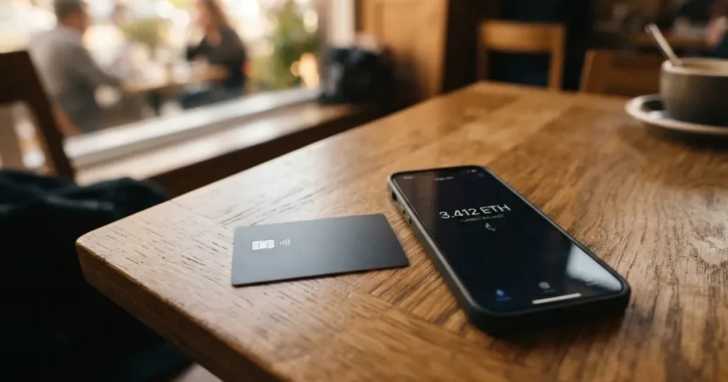 A payment card next to a phone with a crypto wallet app open