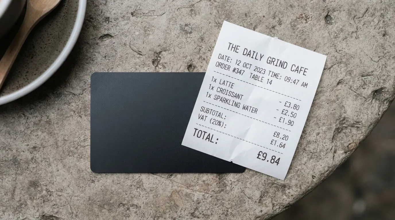 A receipt and a card on a café table