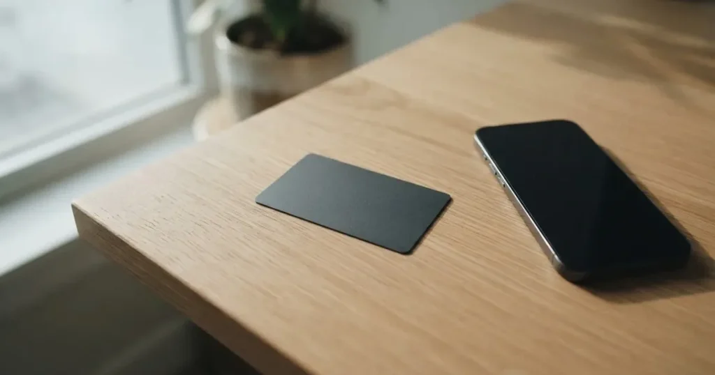 A payment card next to a phone with a crypto wallet app open