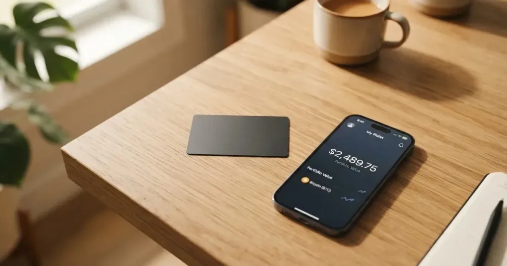 A payment card next to a phone with a crypto wallet app open