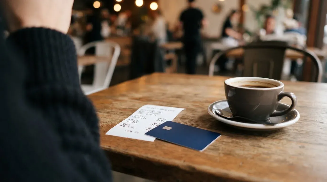 A receipt and a card on a café table
