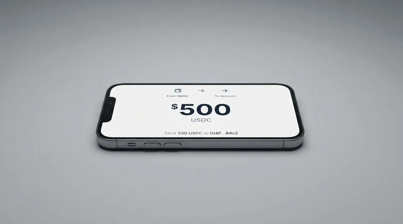 A phone showing a stablecoin transfer screen