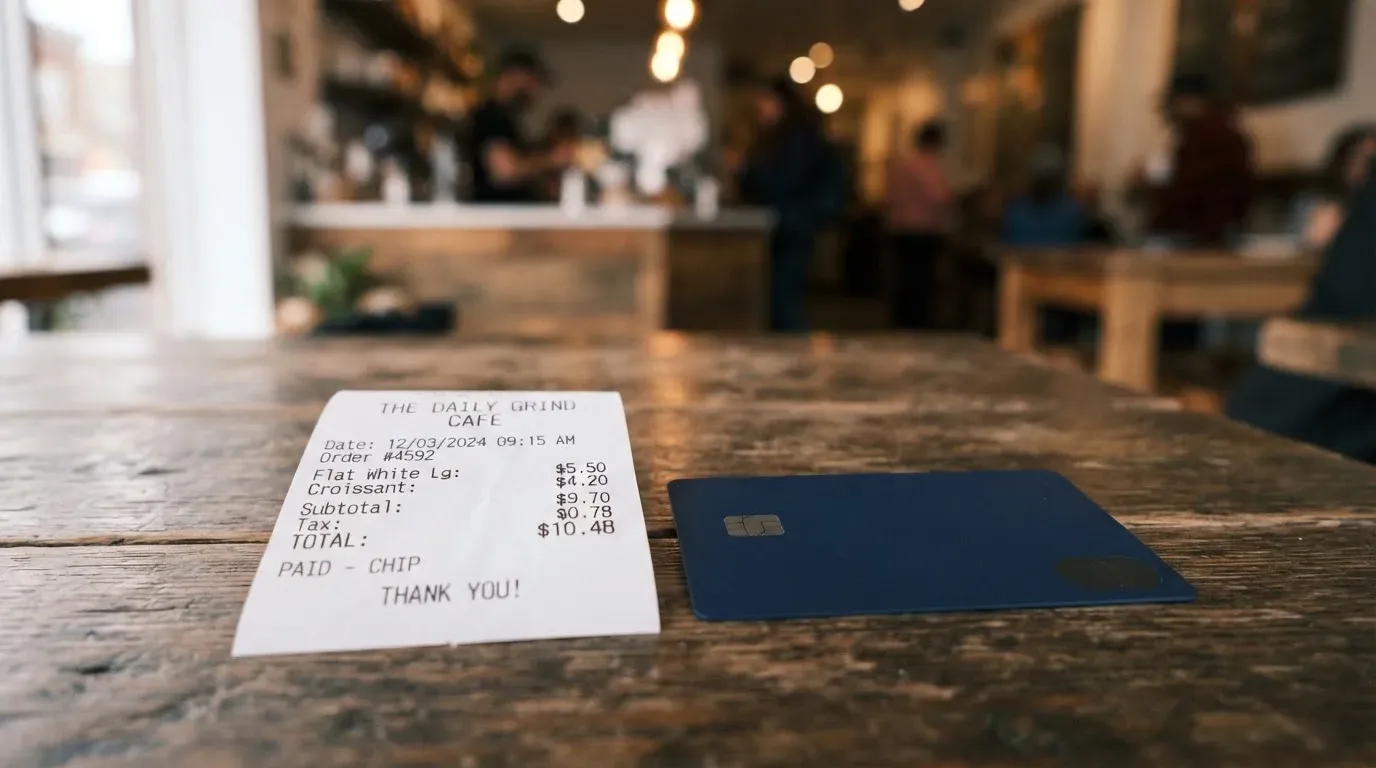 A receipt and a card on a café table